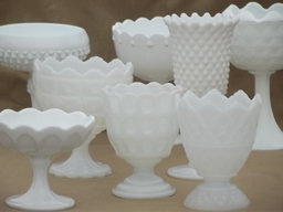 milk glass vases, planters, and candle holders