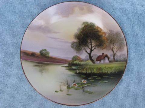 antique hand-painted Nippon china plate, vintage cottage on lake scene antique hand-painted Nippon china plate, vintage cottage on lake scene