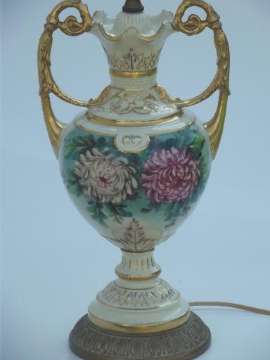 Antique Vintage Porcelain Urn Lamp Hand Painted Flowers Gold Gilt