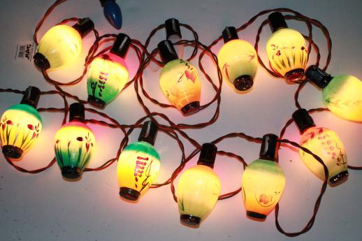 vintage figural christmas light bulbs, chinese lantern novelty lights, working string of 12
