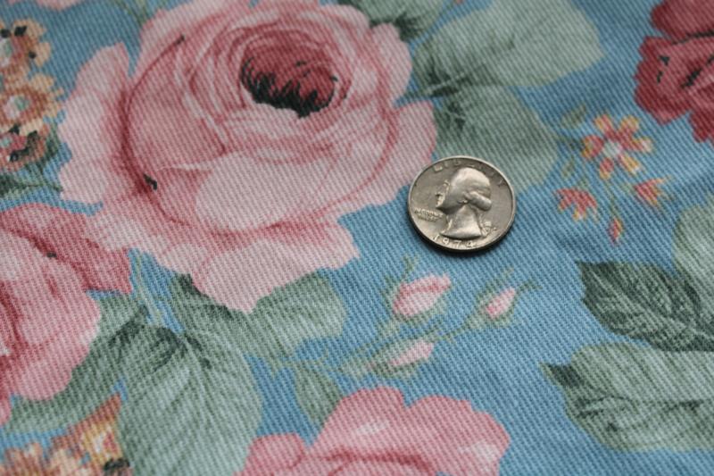 80s vintage cotton denim fabric, pink cabbage roses floral print girly