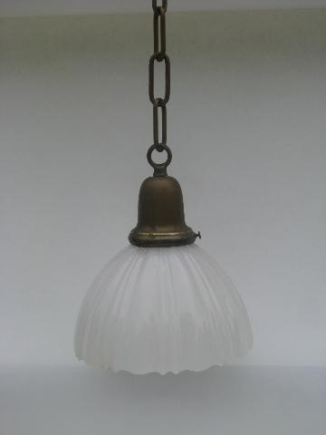 Antique Solid Brass Pendant Light Fixture Early 1900s Opalescent Antique Solid Brass Pendant Light Fixture Early 1900s Opalescent Milk Glass Shade