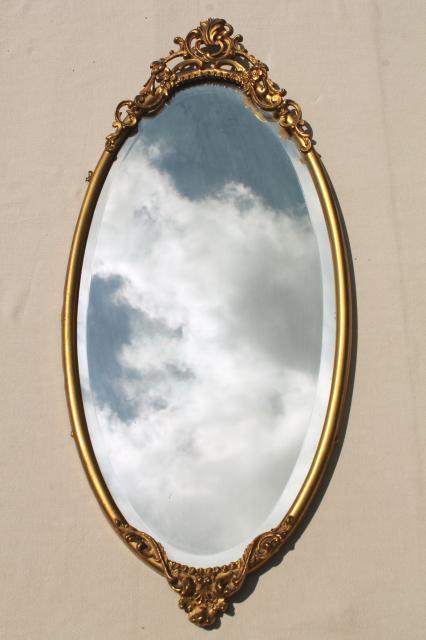 Antique Vintage Beveled Gl Mirror W Ornate Old Gold Metal Oval Frame
