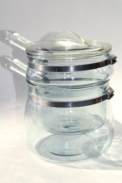 Pyrex 6763L Glass Double Boiler Clear w/ Lid Cookware Flameware USA Vtg
