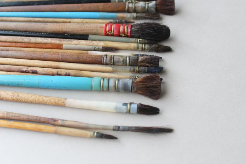 collection of vintage artists paint brushes, wire wrapped natural bristle  paintbrushes