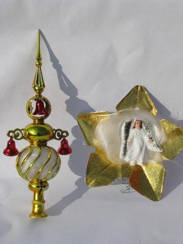 lot of vintage Christmas decorations, angel hair tree toppers