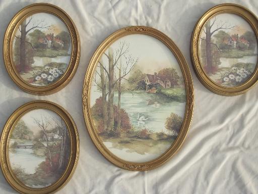 old gold oval frames w/ pastoral cottage scene watercolor prints ...