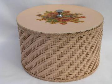 old round pink wicker sewing basket w/ vintage flower decals