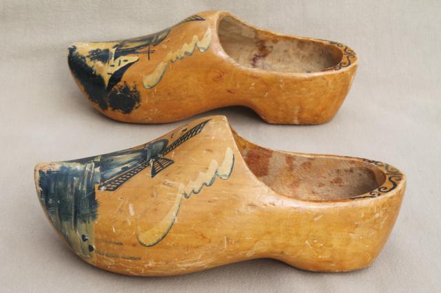 old wood Dutch clogs, traditional wooden shoes w/ delft style painted ...