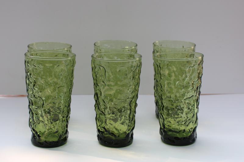 vintage Anchor Hocking Milano crinkle textured glass tumblers, avocado