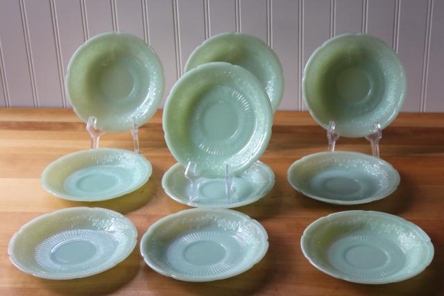 vintage Fire King jadeite saucer plates, Alice pattern flowers jadite dishes