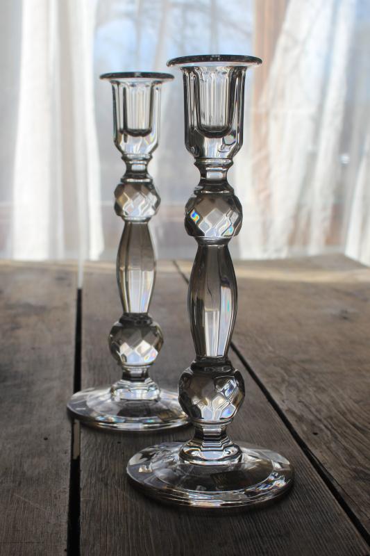 vintage Mikasa crystal pair of tall candlesticks, faceted ball stem