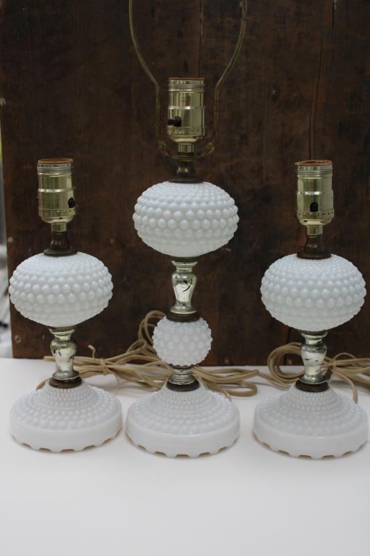 vintage hobnail milk glass lamps, pair of dresser lamps & tall
