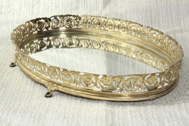 Vintage Vanity Mirror Perfume Tray, Gold Lace Metal Filigree Frame vintage vanity mirror perfume tray, gold lace metal filigree frame glass mirror - Vintage Vanity Mirror Perfume Tray, Gold Lace Metal Filigree Frame