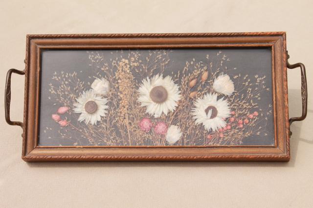 vintage wood framed plant specimen mounts under glass, dried pressed flowers tray